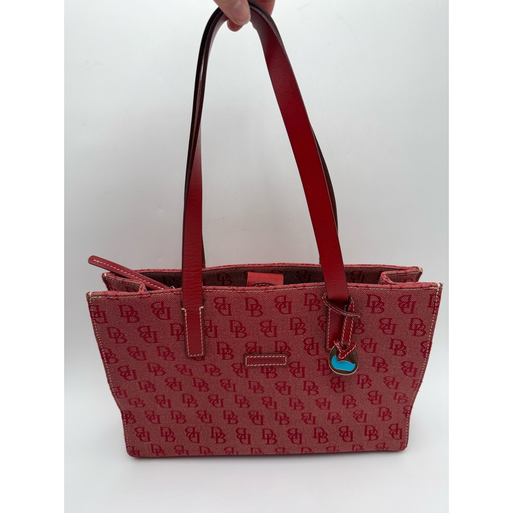 Dooney & Bourke Tote Women Red Monogram Canvas Leather Vintage Shoulder Bag
